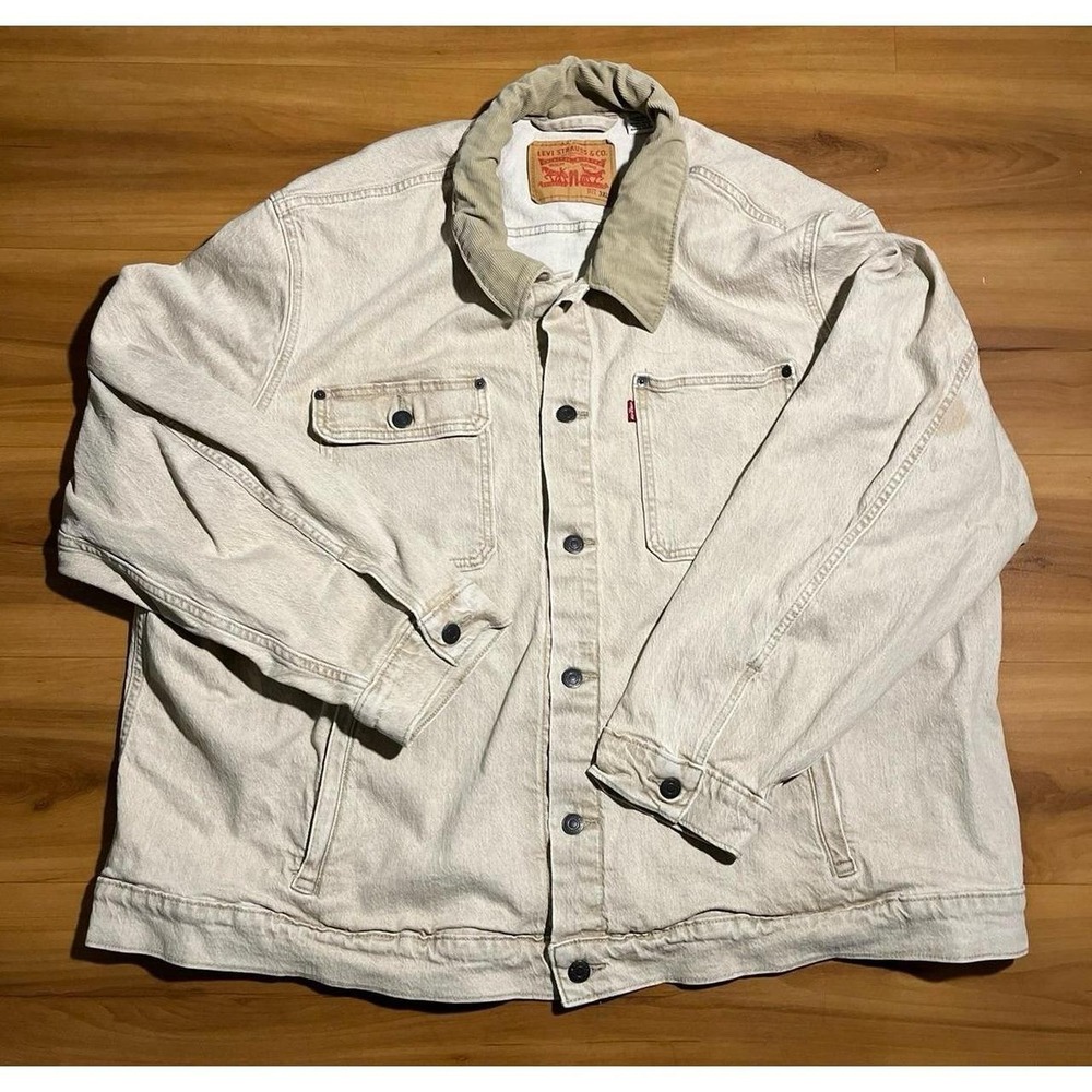 Mens Levi's Trucker Beige Button Up Corduroy Collar Denim Jean Jacket